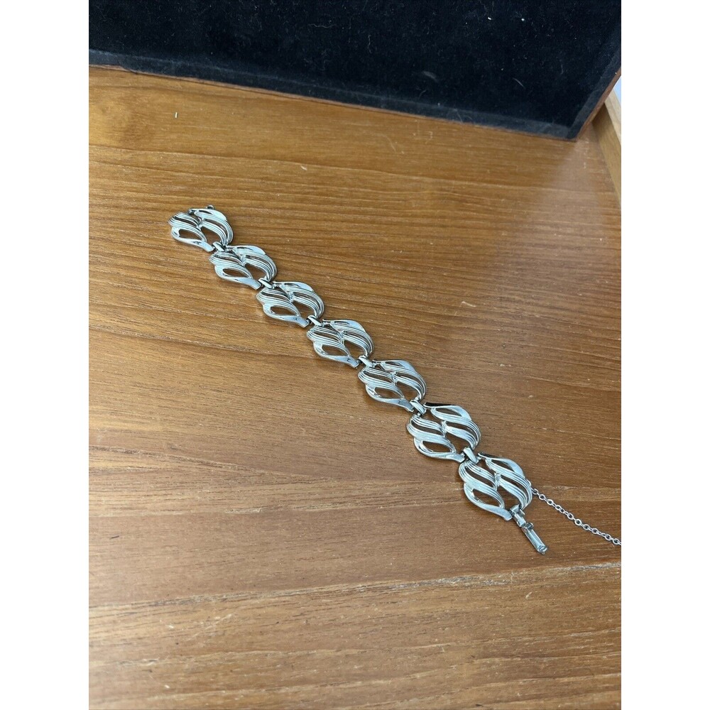 Vintage MCM Coro Chunky Wide Silver Tone Bracelet With Saftey Chain Signed